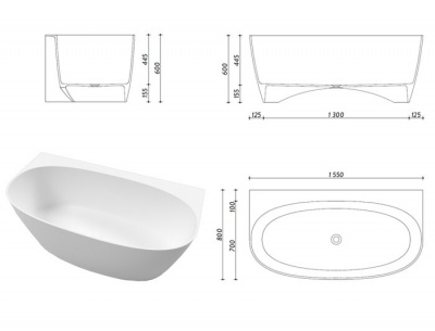 Ванна WHITECROSS Pearl A 155x80 иск. камень - Белый глянец
