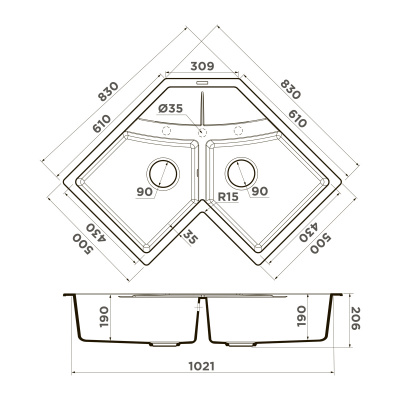 Кухонная мойка Omoikiri Sumi 83C-PL (4993860), угловая, платина
