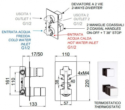 Встраиваемый смеситель-термостат REMER Qubika Thermo (QT92), хром