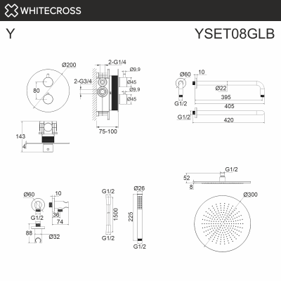 Душевая система с термостатом и тропическим душем WHITECROSS Y YSET08GLB