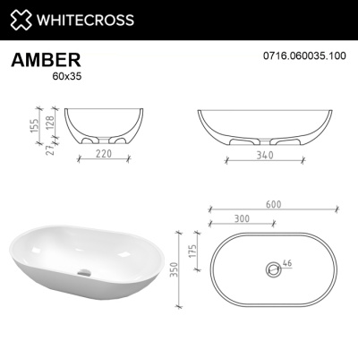 Умывальник WHITECROSS Amber 60x35 (белый глянец) иск. камень