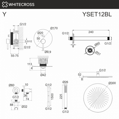 Душевая система с потолочным тропическим душем WHITECROSS Y YSET12BL