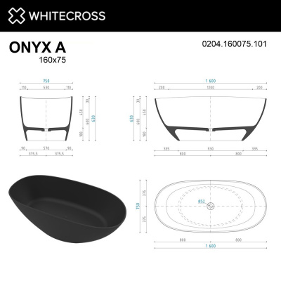 Ванна WHITECROSS Onyx A 160x75 (черный глянец) иск. камень