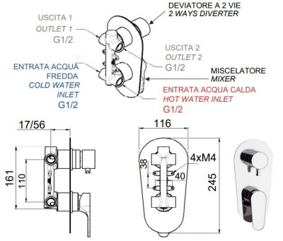Встраиваемый смеситель REMER Class Line (L92), хром